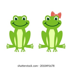Vector cartoon green frog isolated on white background. Frogs boy and girl with bow sit and smile. Children illustration
