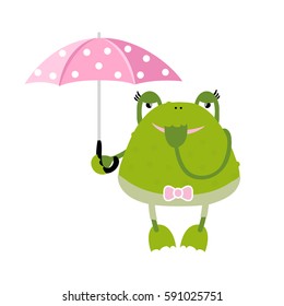 Vector cartoon green frog with umbrella