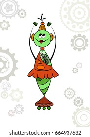 Vector cartoon green girl robot with gears and on wheels