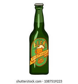 Vector Cartoon Green Glass Bottle of Premium Beer