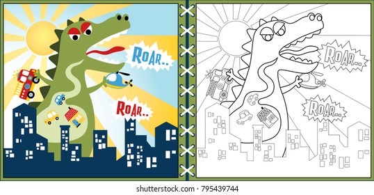 Vector cartoon of green monster attack city, coloring page or book