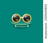 Vector Cartoon green monster face with sunglasses, open mouth, fangs isolated on green background. Funny and cute Halloween Monster open mouth with big vampire fangs. Cartoon face