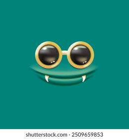 Vector Cartoon green monster face with sunglasses, open mouth, fangs isolated on green background. Funny and cute Halloween Monster open mouth with big vampire fangs. Cartoon face