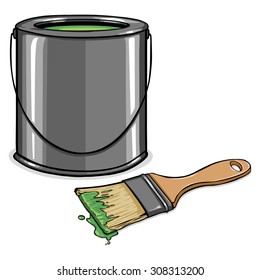 Vector Cartoon Green Paint Can and Brush