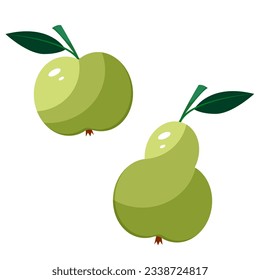 Vector cartoon green pear and apple with leaves isolated on white background