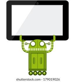 Vector Cartoon Green Robot Holding A Tablet