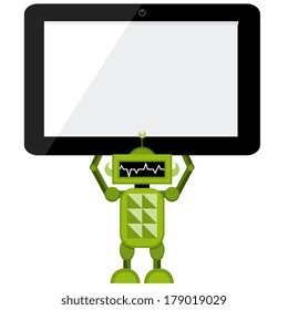 Vector Cartoon Green Robot Holding A Tablet