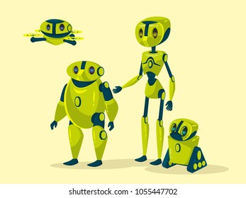 Vector cartoon green robots set. Humanoid cyborgs with body, arms, legs, flying drone plane and crawler track wheel small futuristic bot. Illustration artificial intelligence android for game design