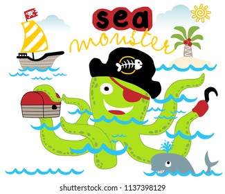 Vector cartoon of green sea monster in pirate accessories with sailboat, island and whale