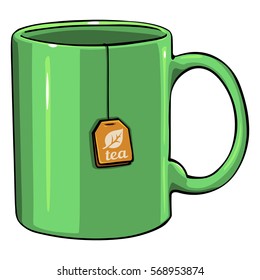 Vector Cartoon Green Single Mug With Tea Bag On White Background