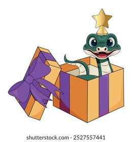 Vector cartoon green snake with gold star on head and sitting in a gift box. New year animal symbol. Chinese zodiac snake symbol. Snake character	