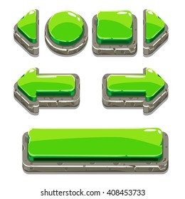 Vector Cartoon green stone buttons for game or web design, gui elements set, gui elements set