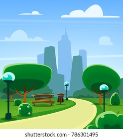 vector cartoon green town park illustration with city building silhouette background in bright spring season with tree bush bench trash can lamp cloud and blue sky