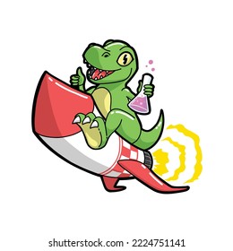 vector cartoon of a green trex dinosaur flying on a rocket into space, can be used for children's books, kindergarten lessons, print on t-shirts