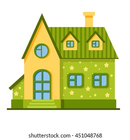 Vector cartoon green and yellow house with flowers. Cute bright building. Child town illustration. Your sweet home.
