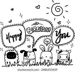 vector, cartoon greeting card clip art, cute charater "Happy Birthday to you"