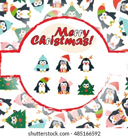 Vector cartoon greeting card. Illustration of Merry Christmas card, paper print, background. Kawaii penguins in funny Santa Claus, Deer, Tree, winter outfit. Festive childish design. Flat style