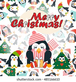 Vector cartoon greeting card. Illustration of Merry Christmas card, paper print, background. Kawaii penguins in funny Santa Claus, Deer, Tree, winter outfit. Festive childish design. Flat style