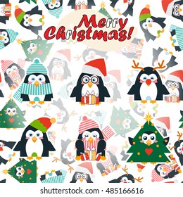 Vector cartoon greeting card. Illustration of Merry Christmas card, paper print, background. Kawaii penguins in funny Santa Claus, Deer, Tree, winter outfit. Festive childish design. Flat style
