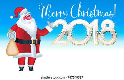Vector cartoon Greeting Card with Kind Santa Claus and snow white Text  Merry Christmas 2018. With place for your fabulous greeting text. Font contains Graphic style