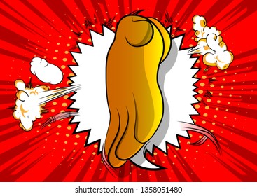 Vector cartoon greeting, giving a hand sign. Illustrated hand sign on comic book background.