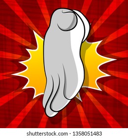 Vector cartoon greeting, giving a hand sign. Illustrated hand sign on comic book background.