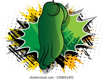 Vector cartoon greeting, giving a hand sign. Illustrated hand sign on comic book background.