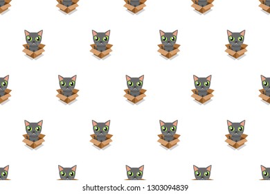 Vector cartoon grey cat in cardboard box seamless pattern for design.