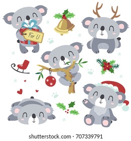 vector cartoon grey koala christmas kawaii set