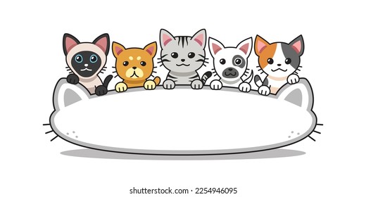 Vector cartoon group of cats with big cat head shape sign for design.