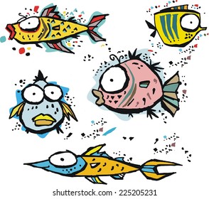 Vector cartoon of group of funny fishes with bubbles and texture