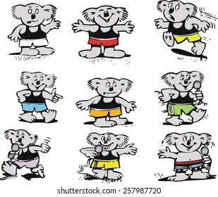 Vector cartoon of group of funny koala bears from Australia