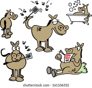 Vector cartoon of group of horses reading, bathing, using fly swatters against insects. 