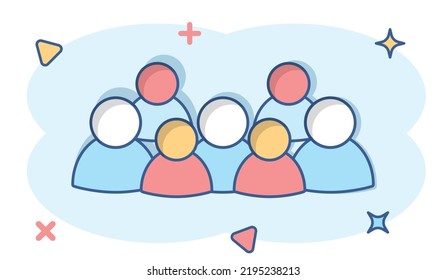 Vector Cartoon Group Of People Icon In Comic Style. Persons Sign Illustration Pictogram. People Business Splash Effect Concept.