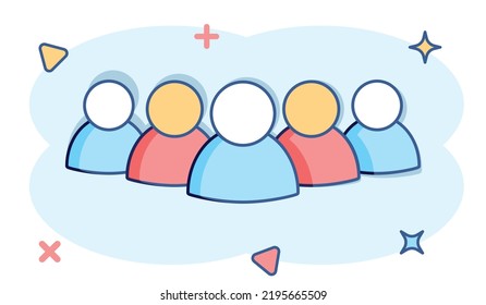 Vector Cartoon Group Of People Icon In Comic Style. Persons Sign Illustration Pictogram. People Business Splash Effect Concept.