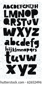 Vector cartoon Grunge full alphabet in black and white colors with messy texture for your design, posters and lettering. Latin capital uppercase letters and lowercase set.