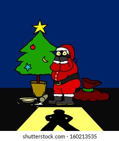 Vector cartoon of a guilty Santa Claus caught eating cookies and milk by a child on Christmas night.