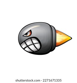 Vector cartoon gun bullet with fire bullet trail isolated on white background. Angry flying Bullet character with mouth, teeth, eyes and fangs. Hand drawn strike bullet