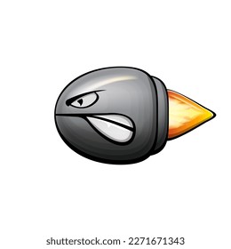 Vector cartoon gun bullet with fire bullet trail isolated on white background. Angry flying Bullet character with mouth, teeth, eyes and fangs. Hand drawn strike bullet