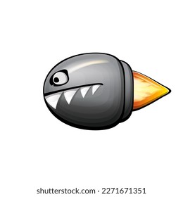 Vector cartoon gun bullet with fire bullet trail isolated on white background. Angry flying Bullet character with mouth, teeth, eyes and fangs. Hand drawn strike bullet