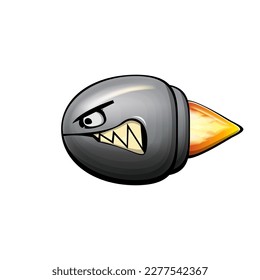 Vector cartoon gun bullet with fire bullet trail isolated on white background. Angry flying Bullet character with mouth, teeth, eyes and fangs. Hand drawn strike bullet