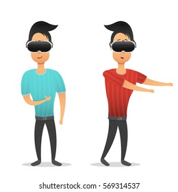 Vector cartoon guy character with VR glasses on the white background.