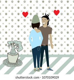 Vector cartoon guy and girl love