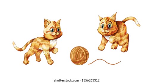 Vector cartoon halftone images of cute different cats of ginger color playing with clew isolated on a white background. Pets Vector illustration. Positive character.