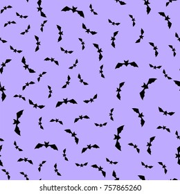 Vector Cartoon Halloween Bat Silhouettes Seamless Pattern Isolated on Blue Sky Background