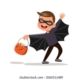 Vector cartoon halloween batman boy in funny costume. Flat male superhero kid in cape, mask and pumpkin for trick or treat.