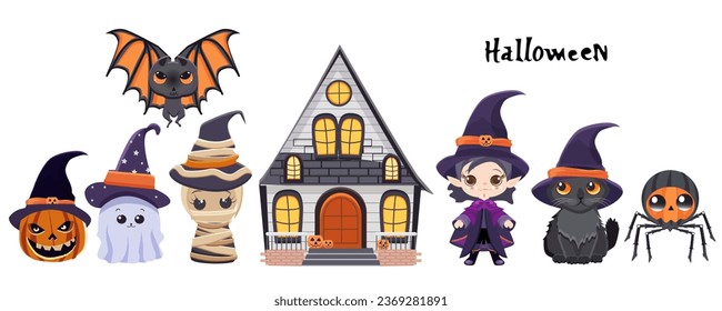 Vector cartoon Halloween characters set. Witch, spider, ghost, bat, mummy, black cat, spooky house.