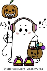 Vector de dibujos animados de Halloween. El lindo fantasma está usando auriculares y escuchando música de terror y una canasta de calabaza está allí dentro de los dulces y sosteniendo un globo pintado con una calabaza. Es posible