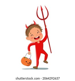 Vector cartoon halloween devil boy in funny costume. Flat male demon kid in red costume with horns and trident and pumpkin for trick or treat.