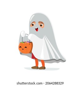 Vector cartoon halloween ghost boy in funny costume. Flat male spirit kid in white bed cover with pumpkin for trick or treat.
